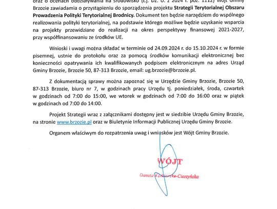 Ogłoszenie Wójta Gminy Brzozie o przystąpieniu do opracowania Strategii Terytorialnej Obszaru Prowadzenia Polityki Terytorialnej Brodnicy